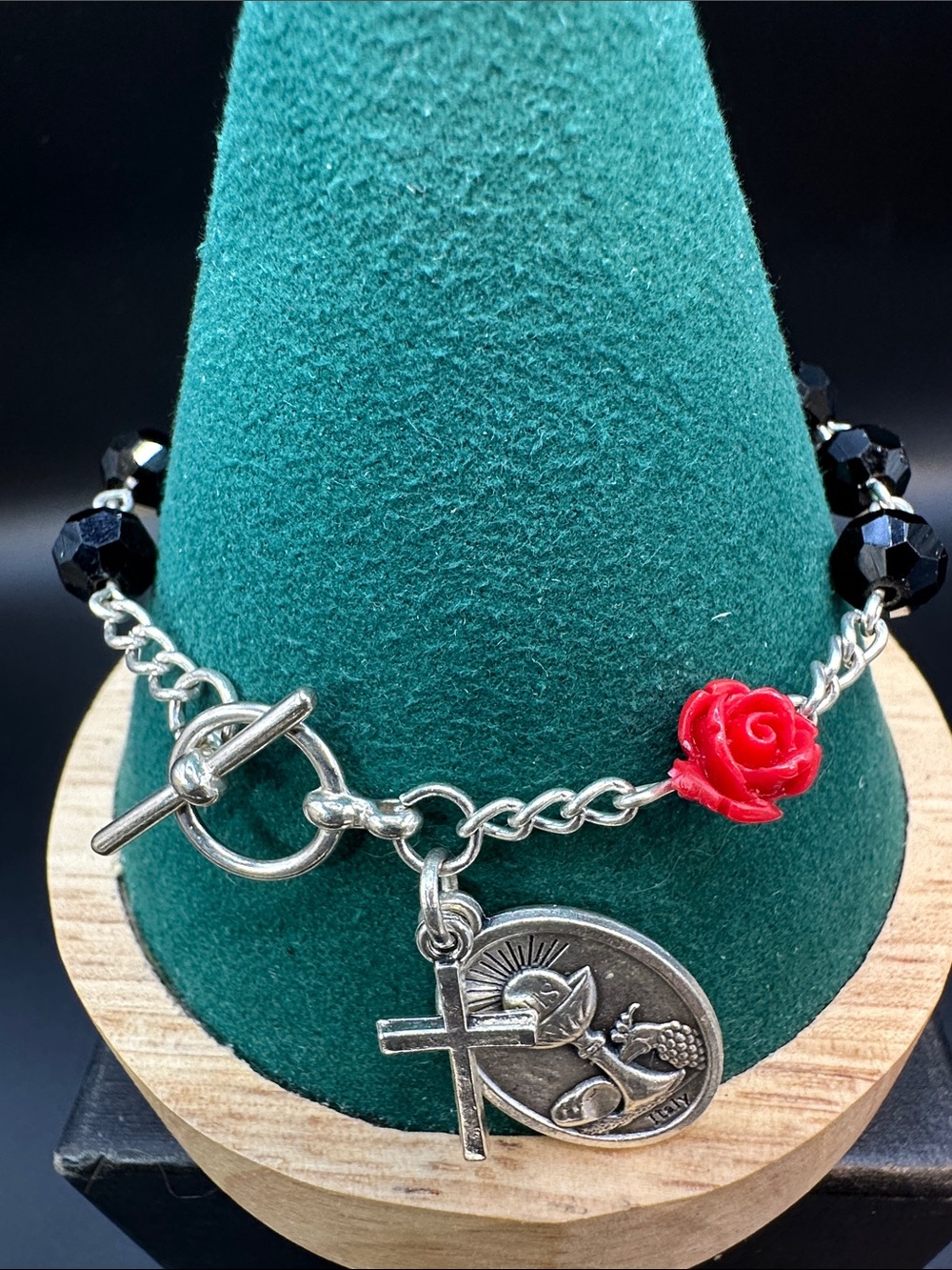 Black Crystal Faith Charm Bracelet Cross Communion Medal Red Rose Silver Toggle